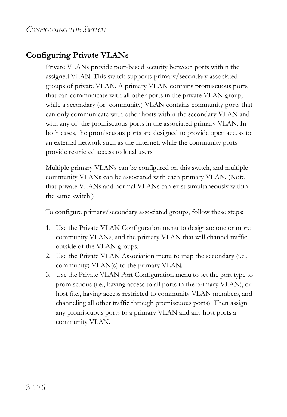 Configuring private vlans, Configuring private vlans -176, 176 configuring private vlans | SMC Networks SMC Tiger 10/100 SMC6128L2 User Manual | Page 230 / 606