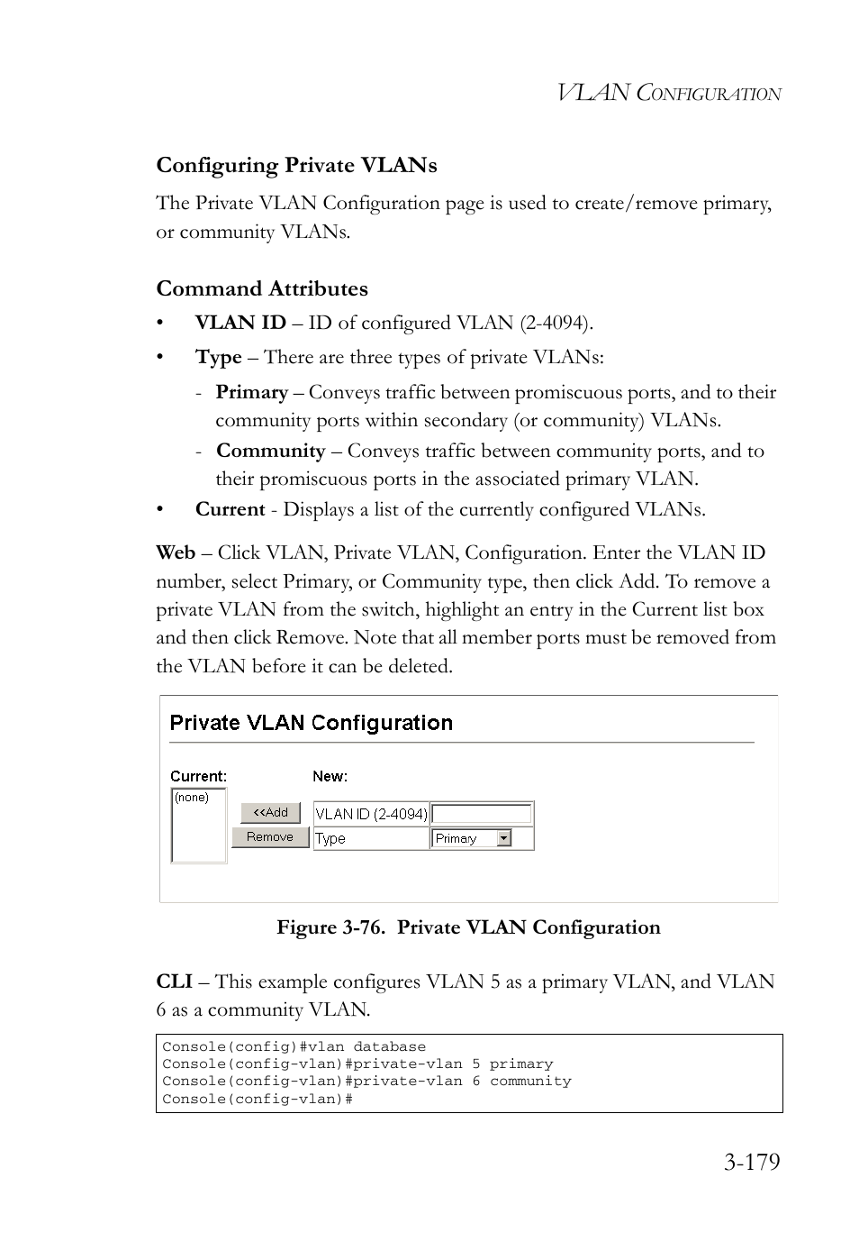 Configuring private vlans, Configuring private vlans -179, Figure 3-76. private vlan configuration -179 | Vlan c, Command attributes | SMC Networks SMC Tiger 10/100 SMC6128L2 User Manual | Page 233 / 606