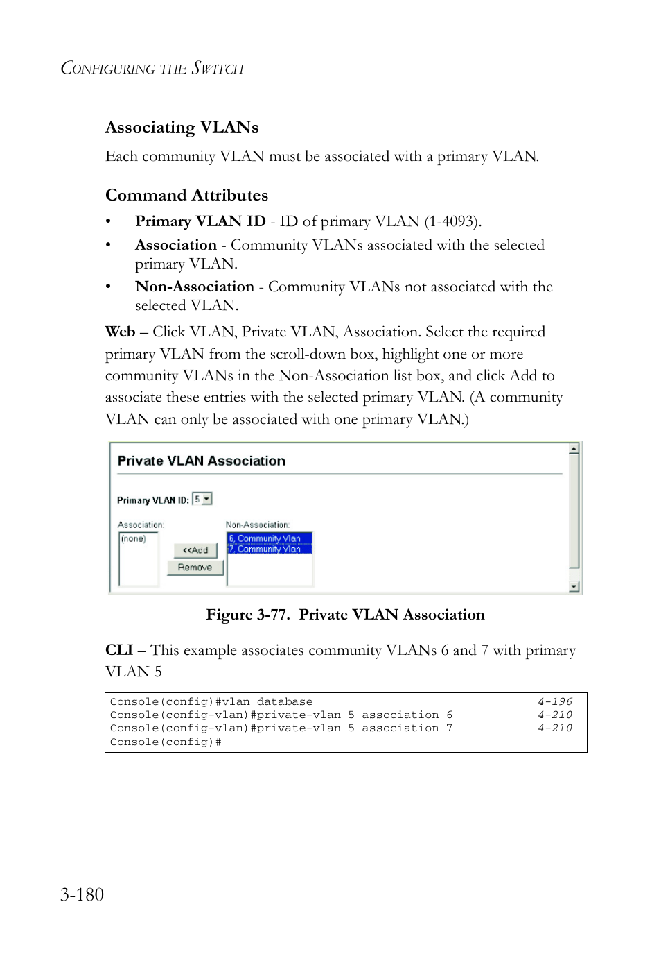 Associating vlans, Associating vlans -180, Figure 3-77. private vlan association -180 | Command attributes | SMC Networks SMC Tiger 10/100 SMC6128L2 User Manual | Page 234 / 606