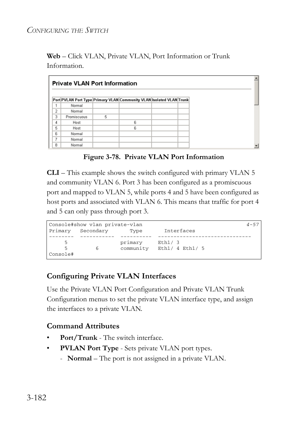 Configuring private vlan interfaces, Configuring private vlan interfaces -182, Figure 3-78. private vlan port information -182 | Command attributes | SMC Networks SMC Tiger 10/100 SMC6128L2 User Manual | Page 236 / 606