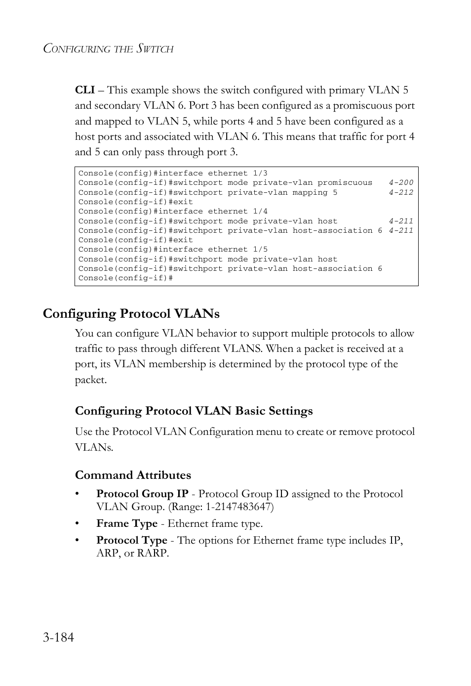 Configuring protocol vlans, Configuring protocol vlan basic settings, Configuring protocol vlans -184 | Configuring protocol vlan basic settings -184, Command attributes | SMC Networks SMC Tiger 10/100 SMC6128L2 User Manual | Page 238 / 606
