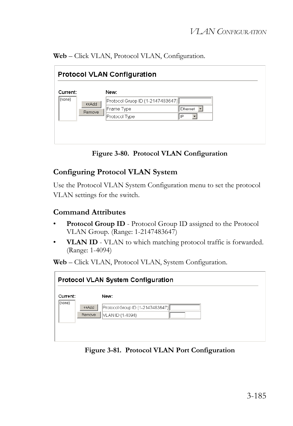 Configuring protocol vlan system, Configuring protocol vlan system -185, Vlan c | Command attributes | SMC Networks SMC Tiger 10/100 SMC6128L2 User Manual | Page 239 / 606