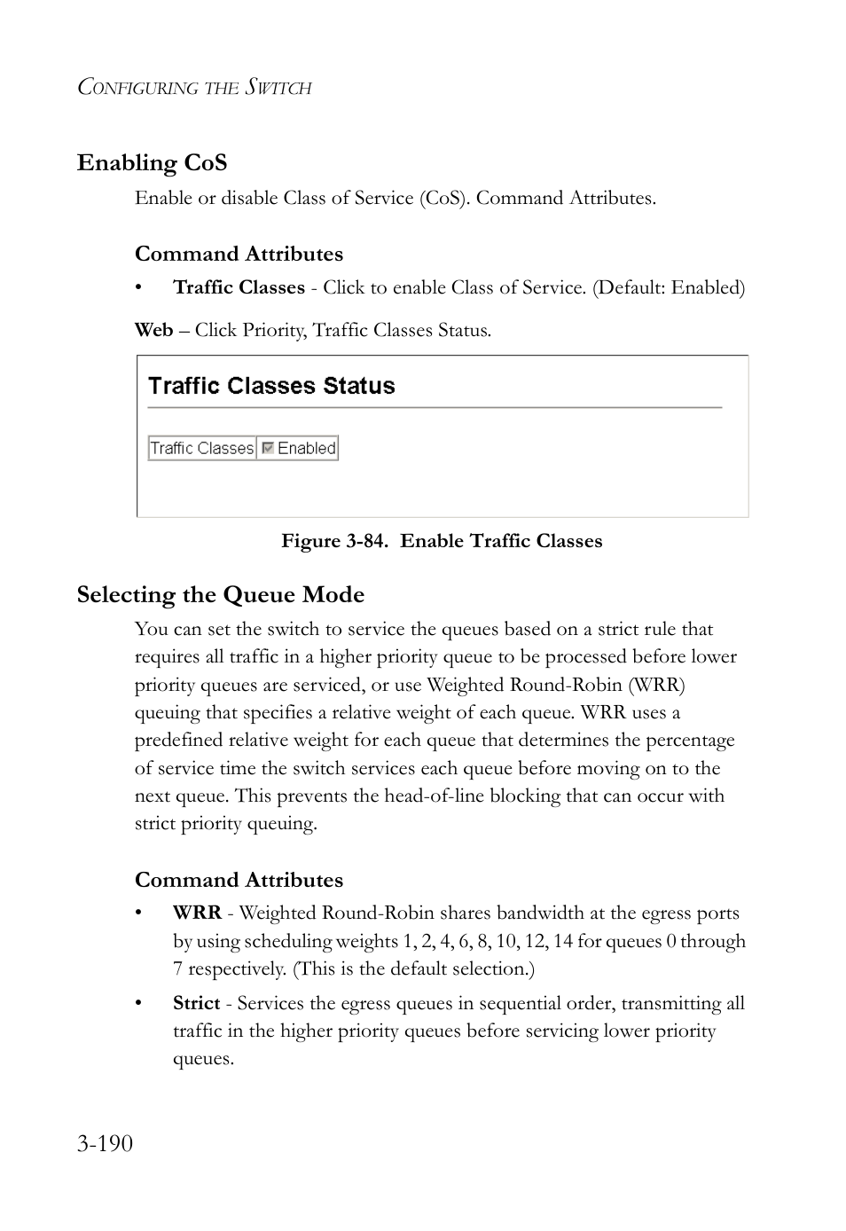 Enabling cos, Selecting the queue mode, Enabling cos -190 selecting the queue mode -190 | Figure 3-84. enable traffic classes -190, 190 enabling cos | SMC Networks SMC Tiger 10/100 SMC6128L2 User Manual | Page 244 / 606