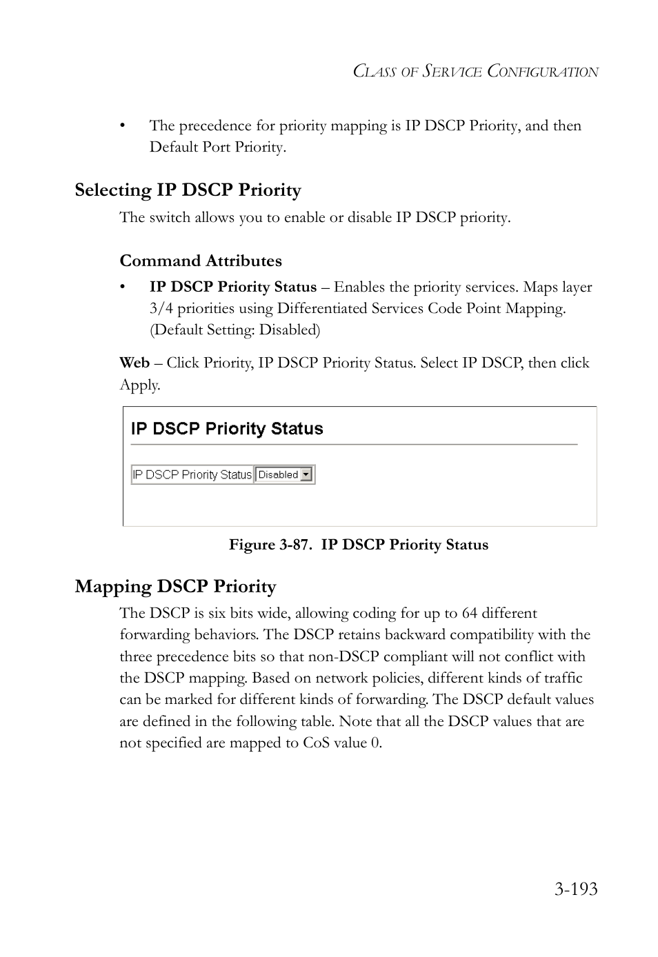 Selecting ip dscp priority, Mapping dscp priority, Figure 3-87. ip dscp priority status -193 | SMC Networks SMC Tiger 10/100 SMC6128L2 User Manual | Page 247 / 606