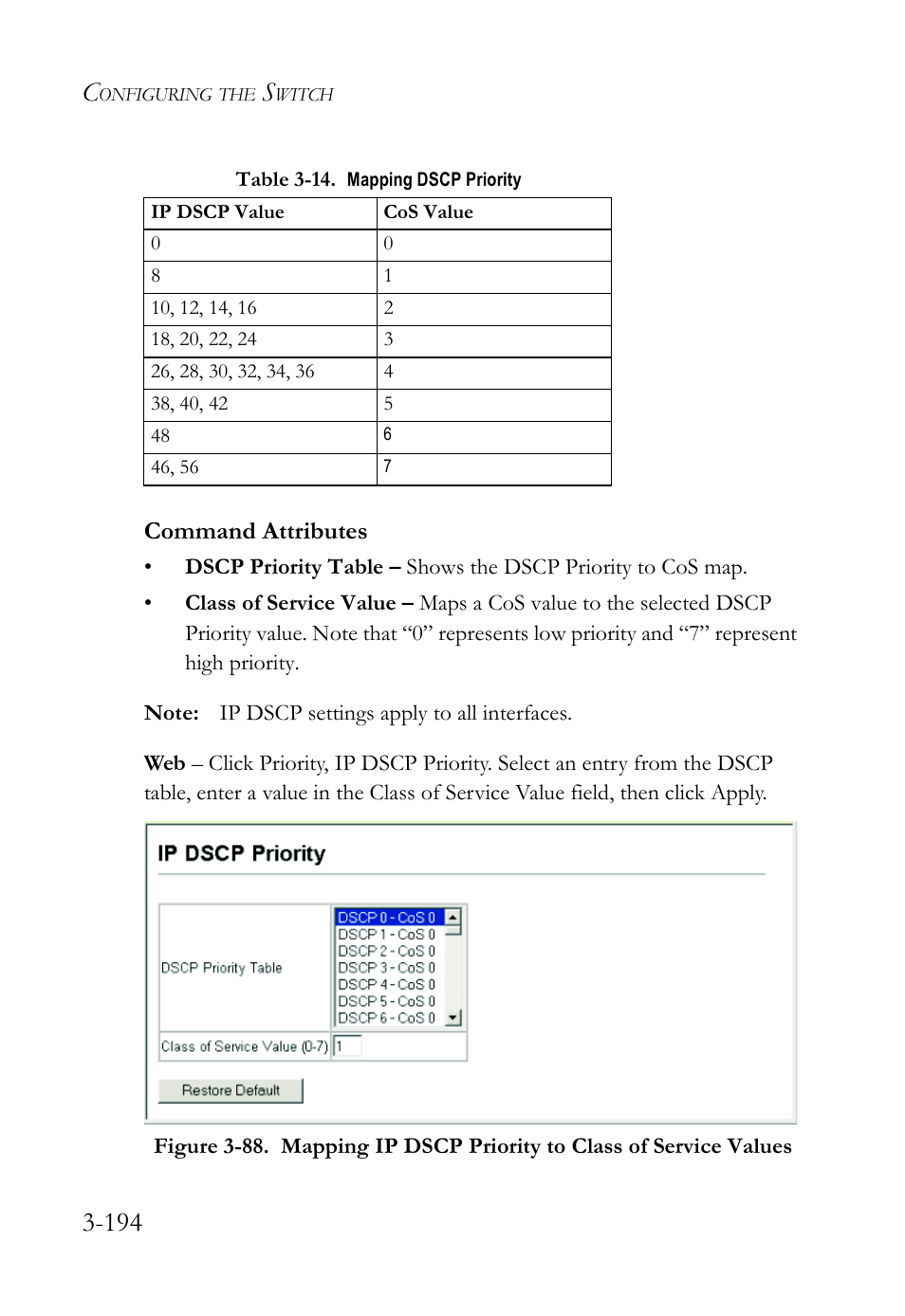 Table 3-14. mapping dscp priority -194, Command attributes | SMC Networks SMC Tiger 10/100 SMC6128L2 User Manual | Page 248 / 606