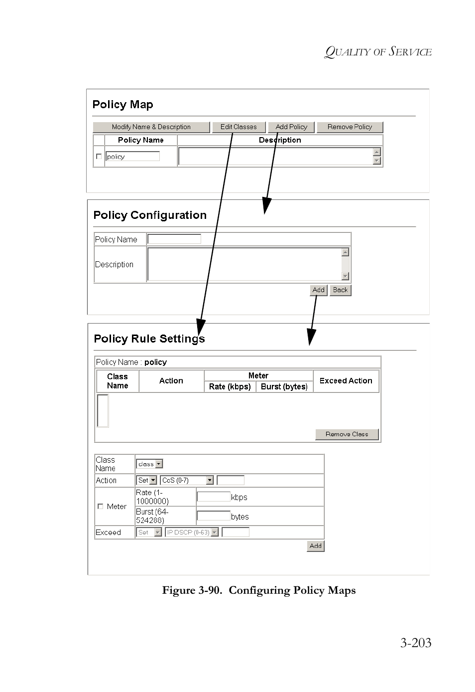 Figure 3-90. configuring policy maps -203 | SMC Networks SMC Tiger 10/100 SMC6128L2 User Manual | Page 257 / 606