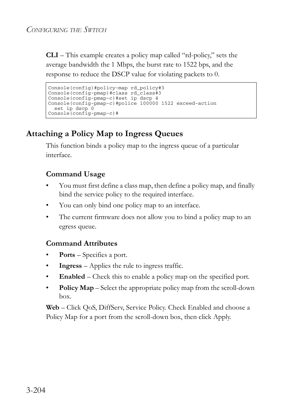 Attaching a policy map to ingress queues, Attaching a policy map to ingress queues -204 | SMC Networks SMC Tiger 10/100 SMC6128L2 User Manual | Page 258 / 606