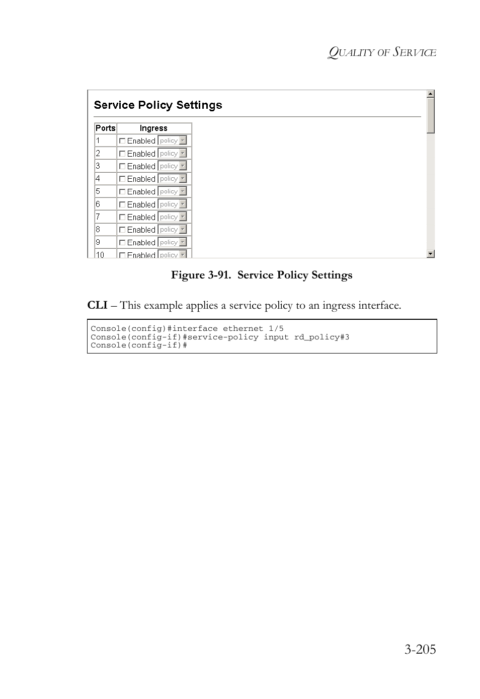 Figure 3-91. service policy settings -205 | SMC Networks SMC Tiger 10/100 SMC6128L2 User Manual | Page 259 / 606