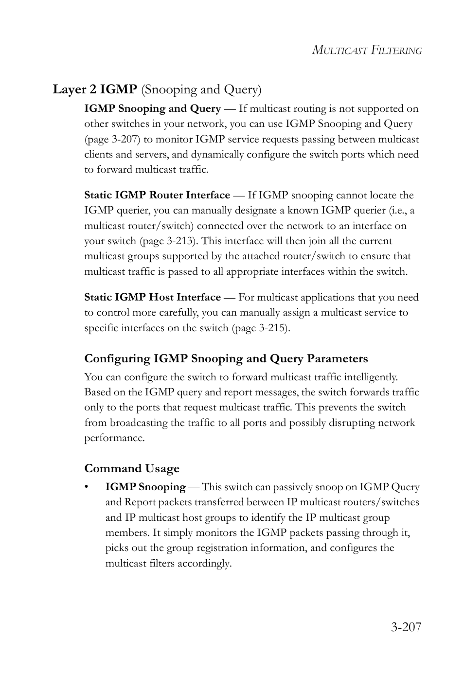 Layer 2 igmp (snooping and query), Configuring igmp snooping and query parameters, Layer 2 igmp (snooping and query) -207 | 207 layer 2 igmp (snooping and query) | SMC Networks SMC Tiger 10/100 SMC6128L2 User Manual | Page 261 / 606