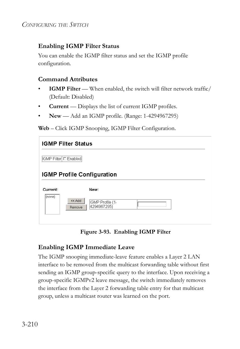 Enabling igmp filter status, Enabling igmp immediate leave, Figure 3-93. enabling igmp filter -210 | SMC Networks SMC Tiger 10/100 SMC6128L2 User Manual | Page 264 / 606