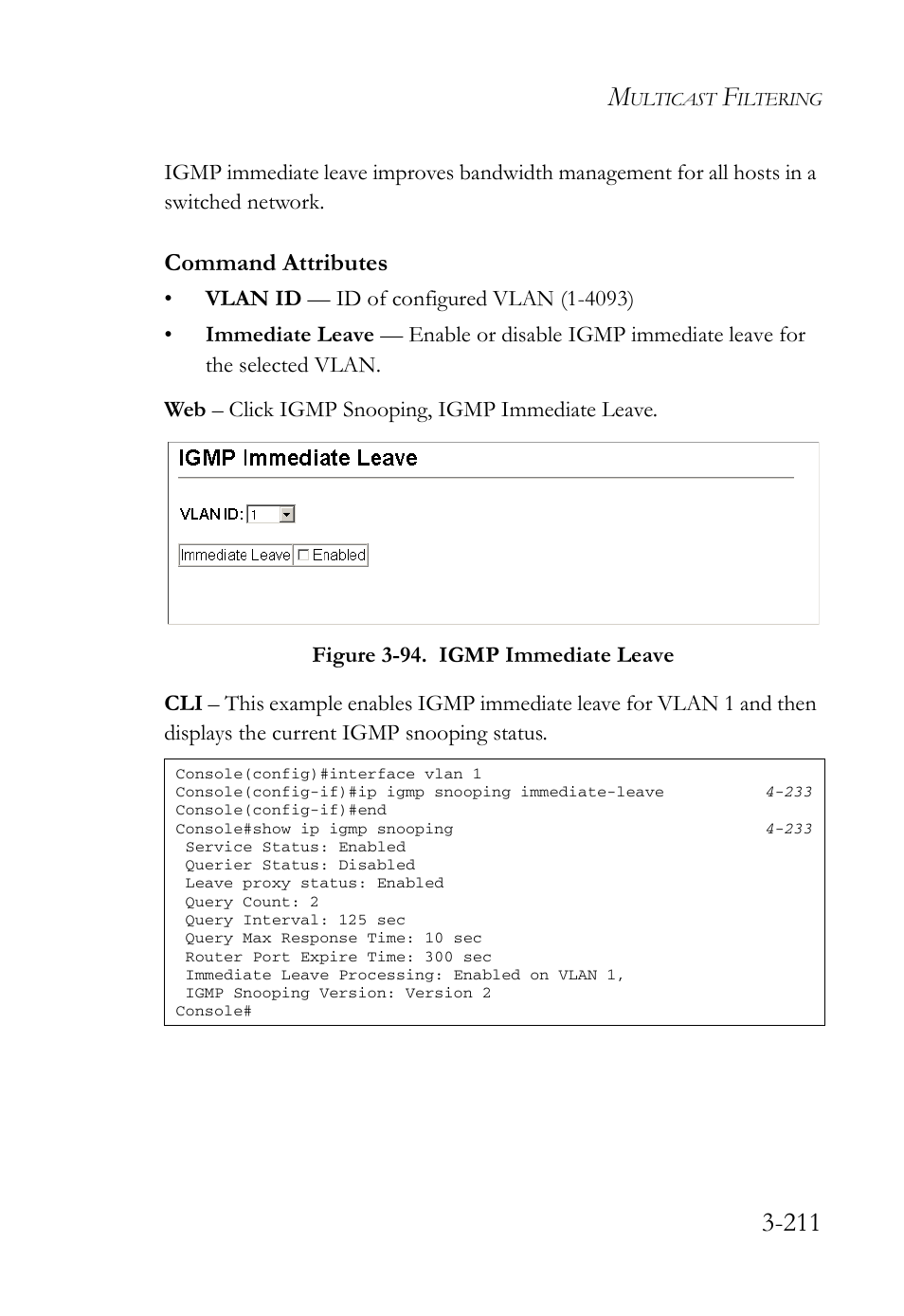 Figure 3-94. igmp immediate leave -211, Command attributes | SMC Networks SMC Tiger 10/100 SMC6128L2 User Manual | Page 265 / 606