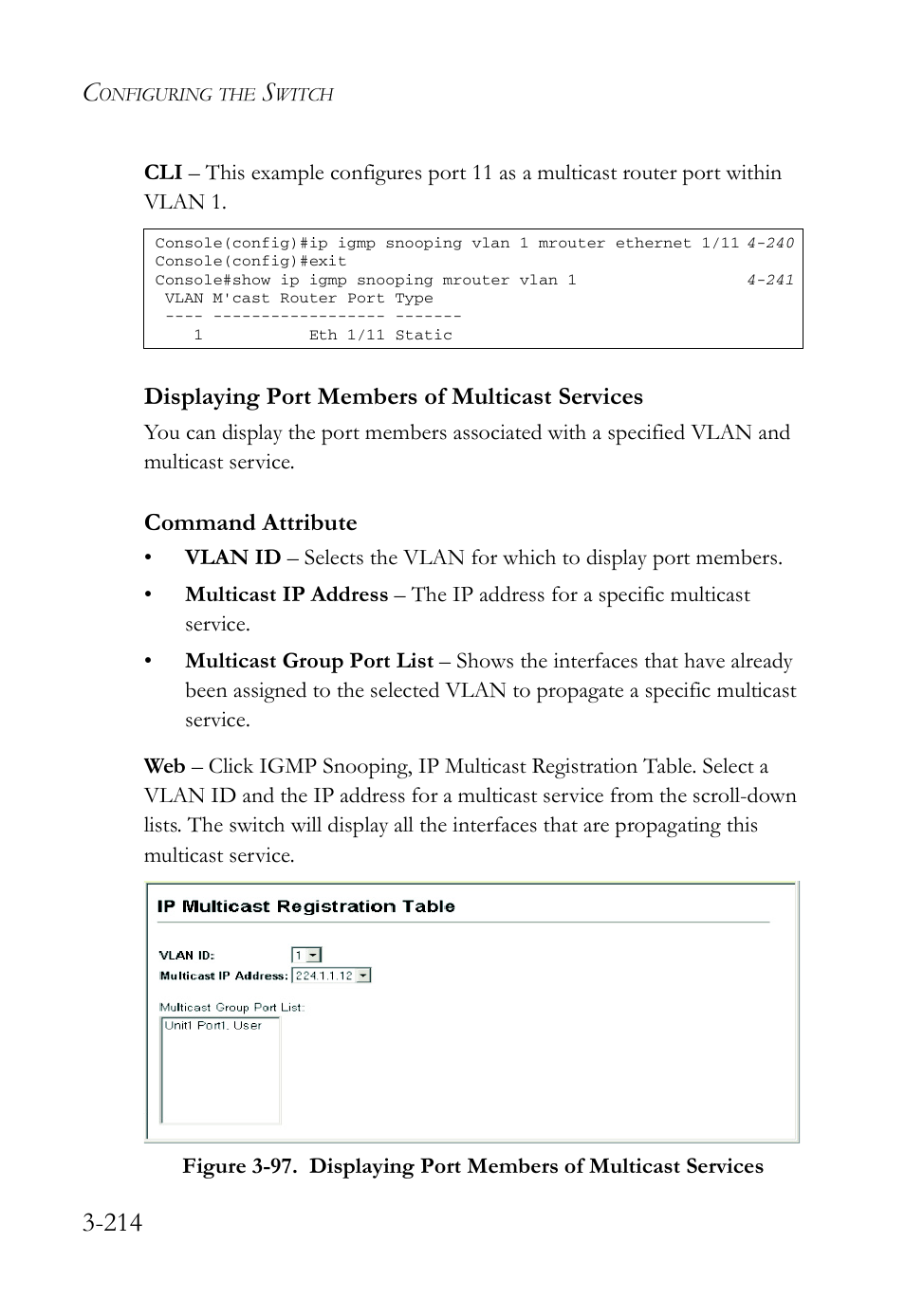 Displaying port members of multicast services, Displaying port members of multicast services -214 | SMC Networks SMC Tiger 10/100 SMC6128L2 User Manual | Page 268 / 606