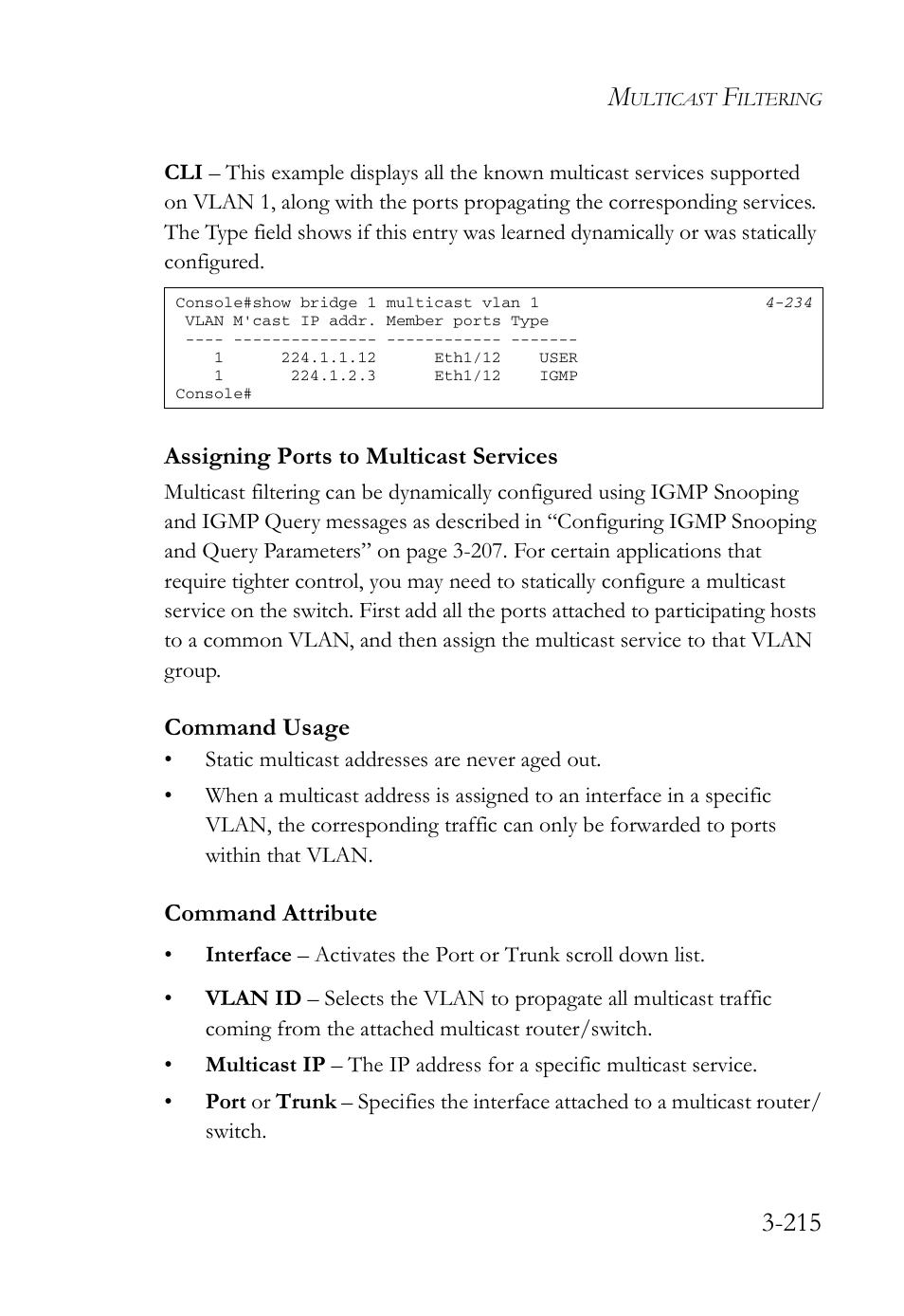 Assigning ports to multicast services, Assigning ports to multicast services -215 | SMC Networks SMC Tiger 10/100 SMC6128L2 User Manual | Page 269 / 606