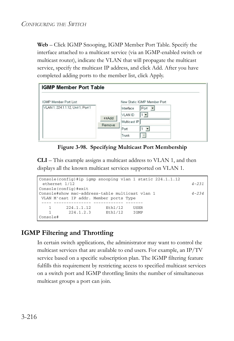 Igmp filtering and throttling, Igmp filtering and throttling -216 | SMC Networks SMC Tiger 10/100 SMC6128L2 User Manual | Page 270 / 606