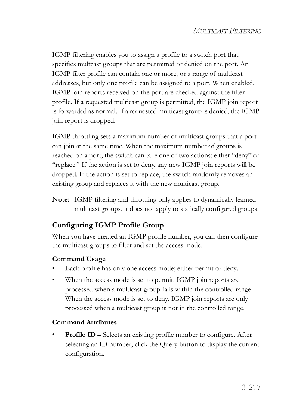 Configuring igmp profile group, Configuring igmp profile group -217 | SMC Networks SMC Tiger 10/100 SMC6128L2 User Manual | Page 271 / 606