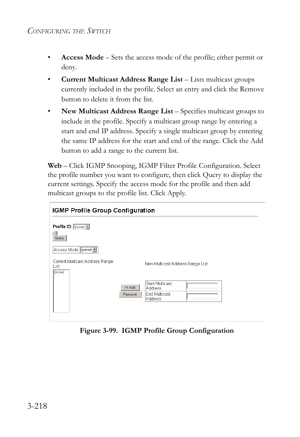 Figure 3-99. igmp profile group configuration -218 | SMC Networks SMC Tiger 10/100 SMC6128L2 User Manual | Page 272 / 606