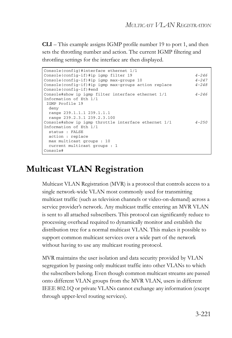 Multicast vlan registration, Multicast vlan registration -221, Vlan r | SMC Networks SMC Tiger 10/100 SMC6128L2 User Manual | Page 275 / 606