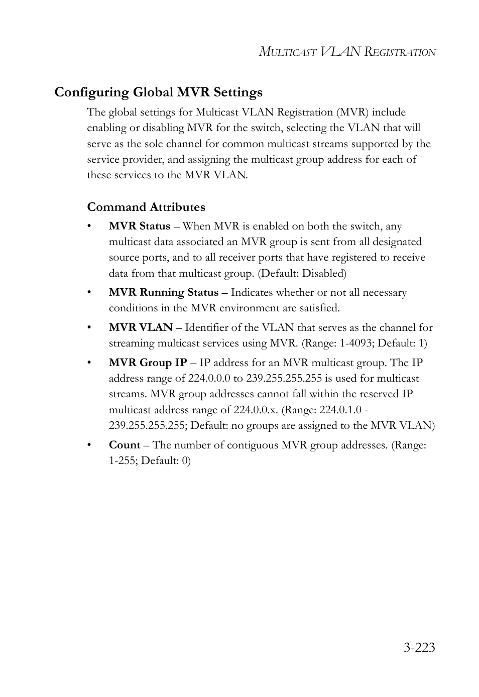 Configuring global mvr settings, Configuring global mvr settings -223, Vlan r | 223 configuring global mvr settings | SMC Networks SMC Tiger 10/100 SMC6128L2 User Manual | Page 277 / 606