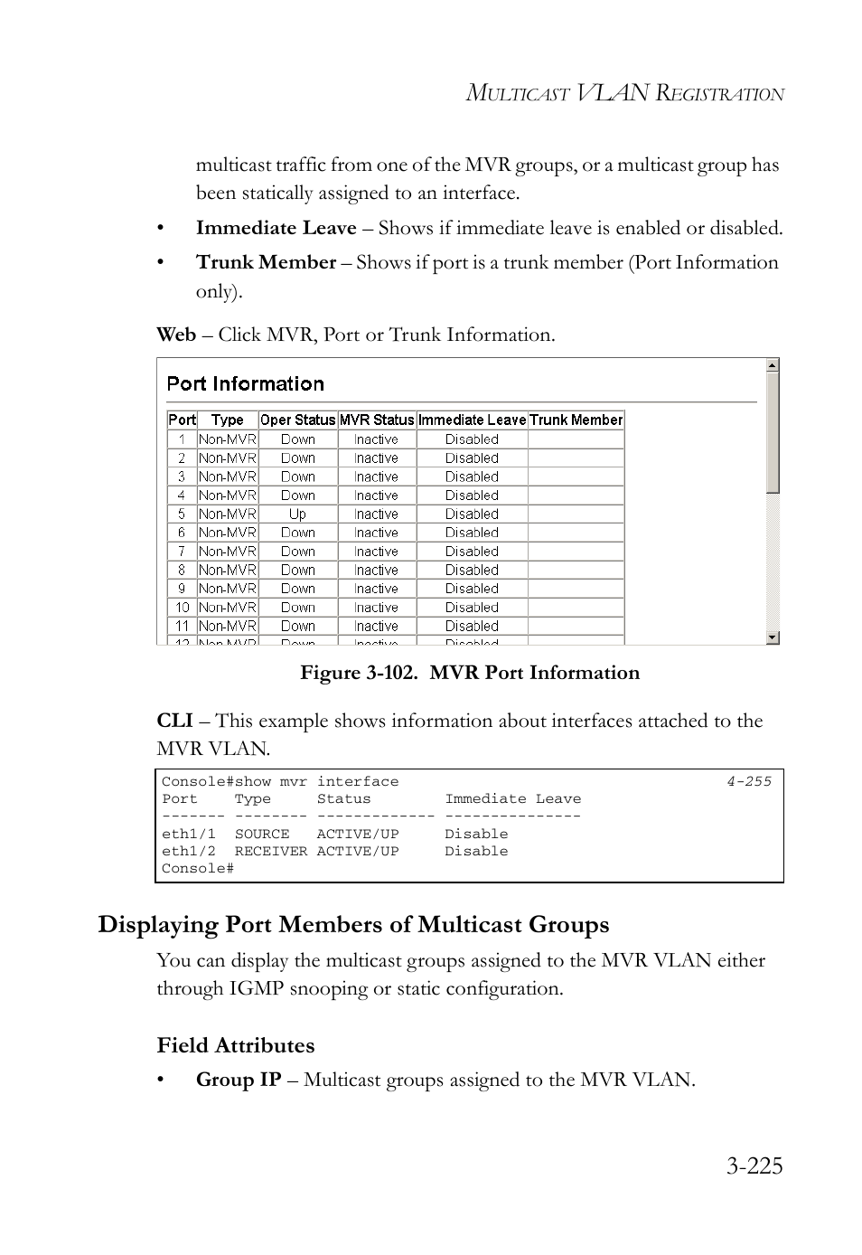 Displaying port members of multicast groups, Displaying port members of multicast groups -225, Figure 3-102. mvr port information -225 | Vlan r | SMC Networks SMC Tiger 10/100 SMC6128L2 User Manual | Page 279 / 606