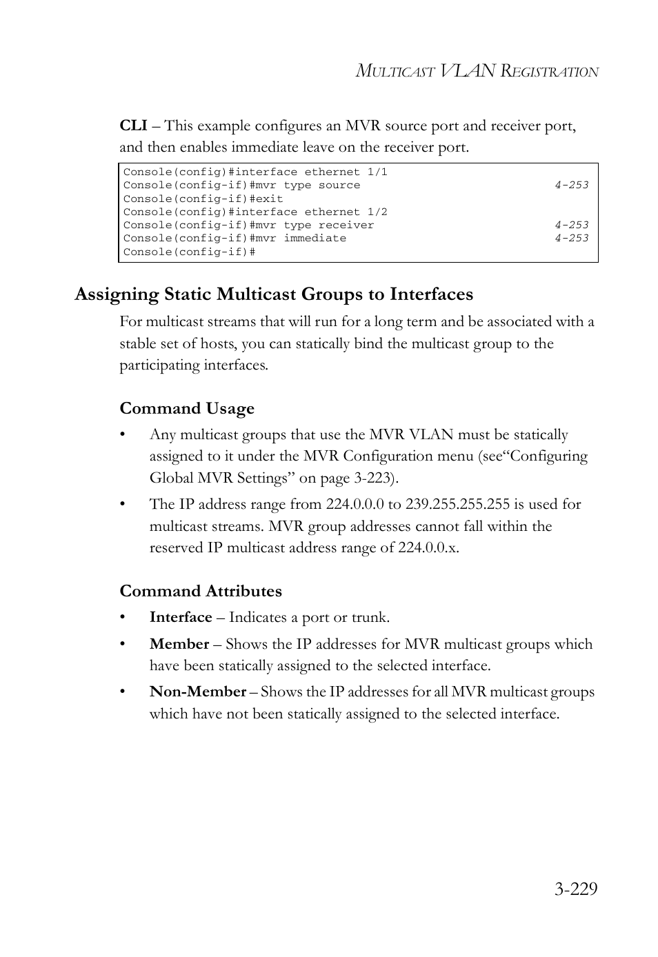 Assigning static multicast groups to interfaces, Vlan r, Command usage | Command attributes | SMC Networks SMC Tiger 10/100 SMC6128L2 User Manual | Page 283 / 606