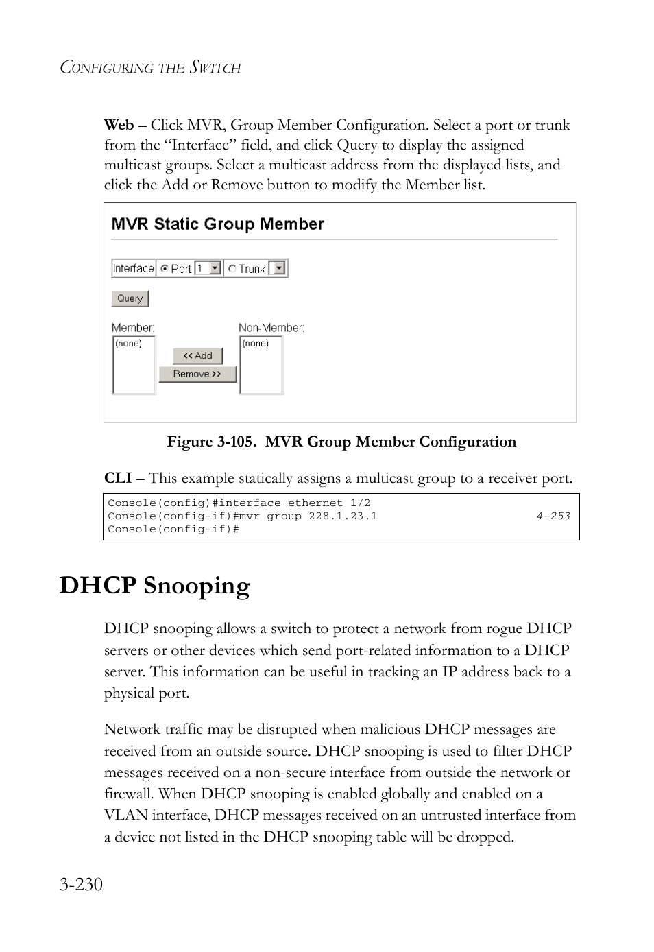 Dhcp snooping, Dhcp snooping -230, Figure 3-105. mvr group member configuration -230 | SMC Networks SMC Tiger 10/100 SMC6128L2 User Manual | Page 284 / 606