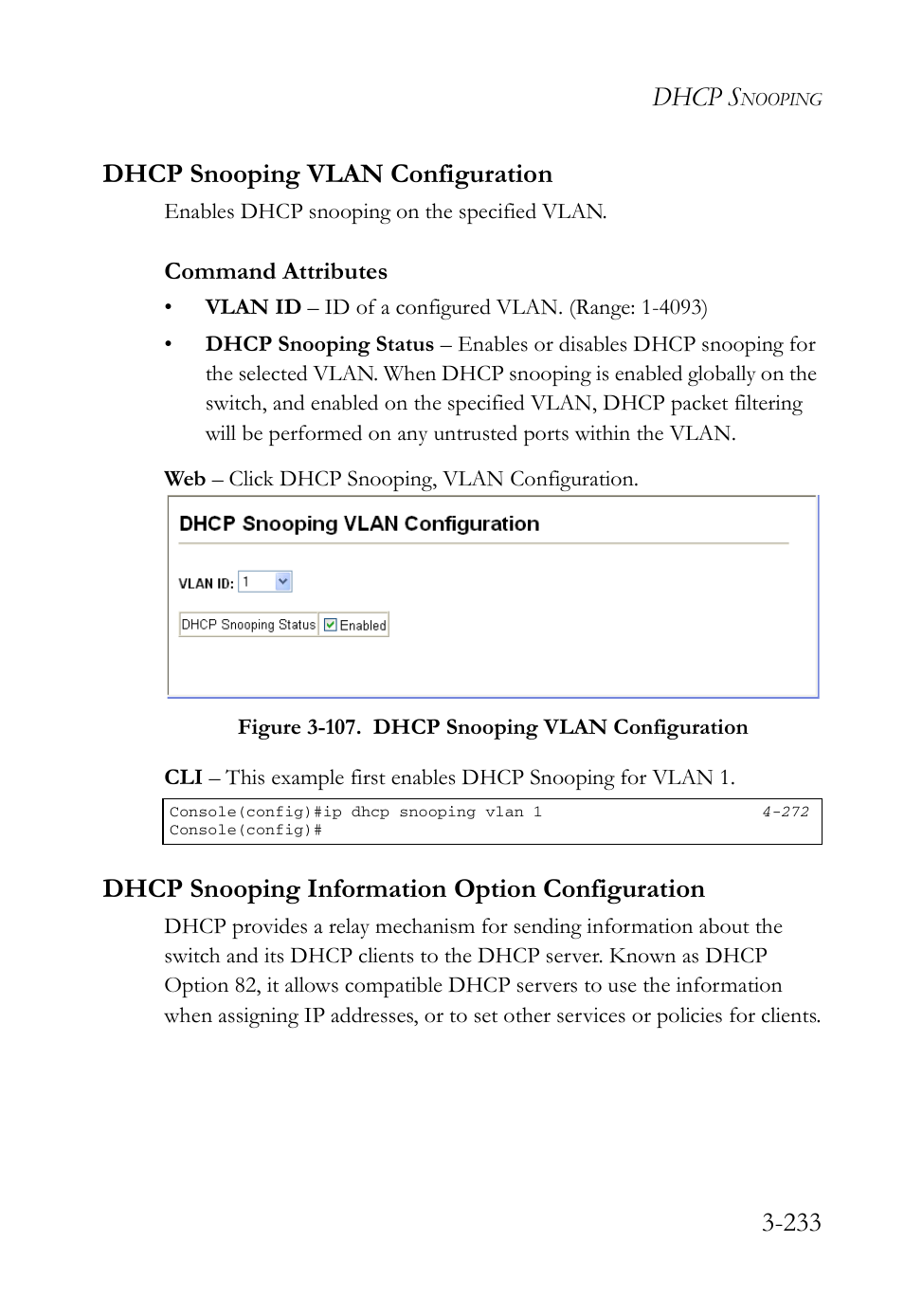 Dhcp snooping vlan configuration, Dhcp snooping information option configuration, Dhcp s | 233 dhcp snooping vlan configuration | SMC Networks SMC Tiger 10/100 SMC6128L2 User Manual | Page 287 / 606