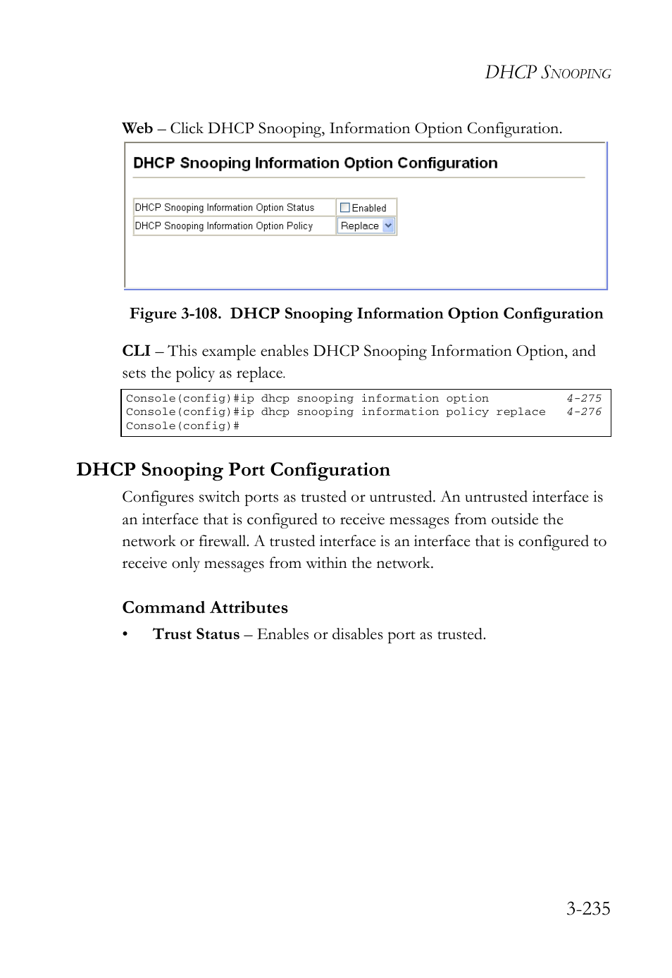 Dhcp snooping port configuration, Dhcp snooping port configuration -235, Dhcp s | Command attributes | SMC Networks SMC Tiger 10/100 SMC6128L2 User Manual | Page 289 / 606