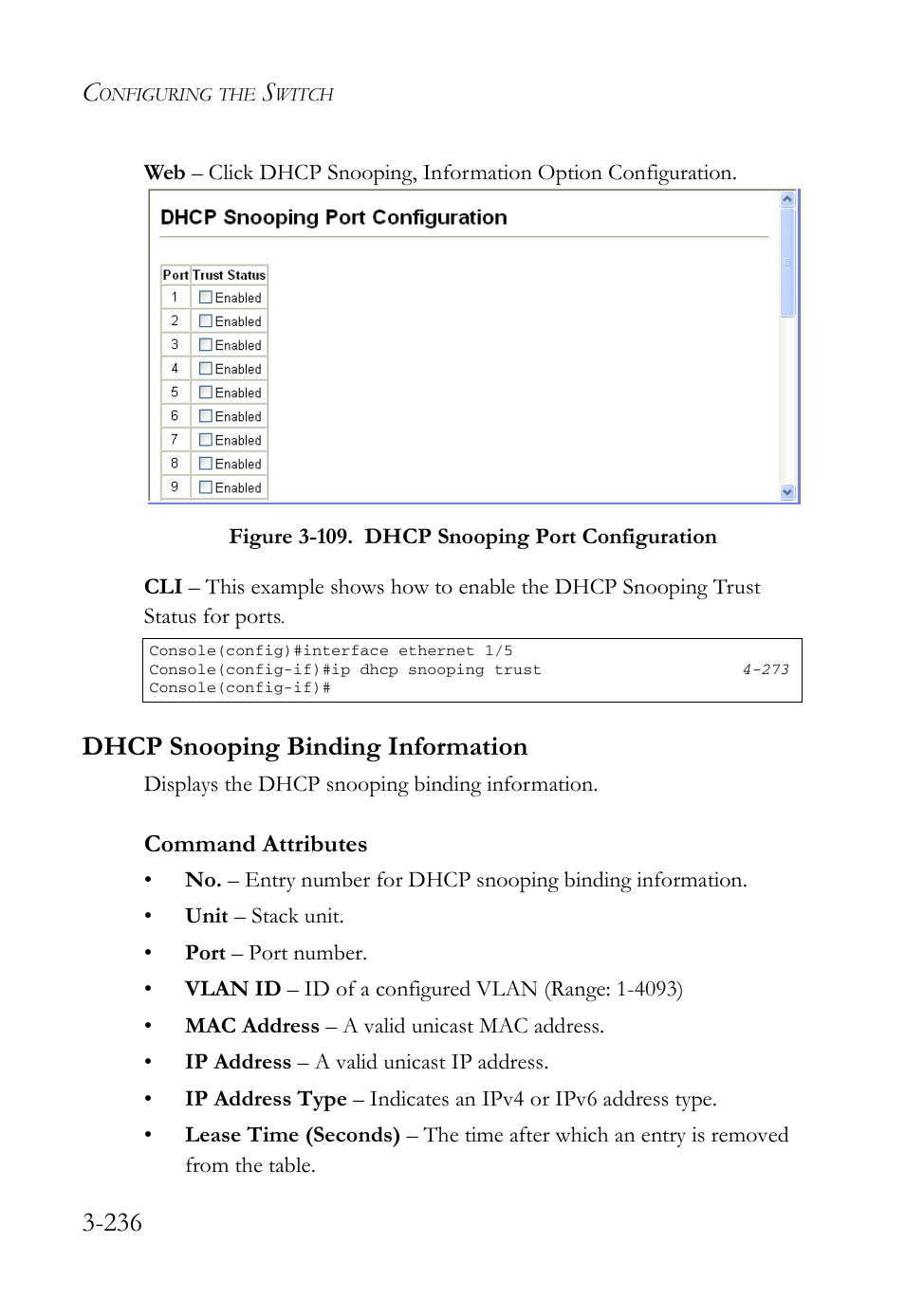 Dhcp snooping binding information, Dhcp snooping binding information -236 | SMC Networks SMC Tiger 10/100 SMC6128L2 User Manual | Page 290 / 606