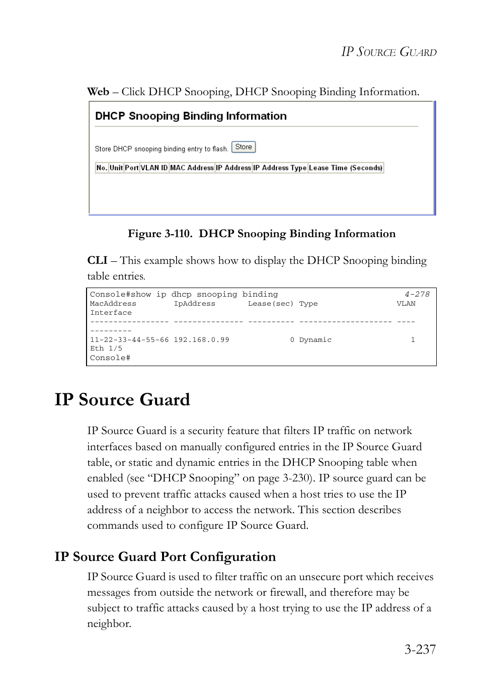 Ip source guard, Ip source guard port configuration, Ip source guard -237 | Ip source guard port configuration -237, Ip s | SMC Networks SMC Tiger 10/100 SMC6128L2 User Manual | Page 291 / 606