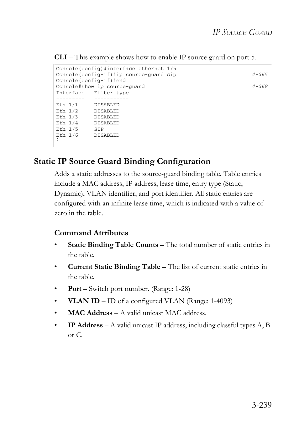 Static ip source guard binding configuration, Static ip source guard binding configuration -239, Ip s | Command attributes | SMC Networks SMC Tiger 10/100 SMC6128L2 User Manual | Page 293 / 606