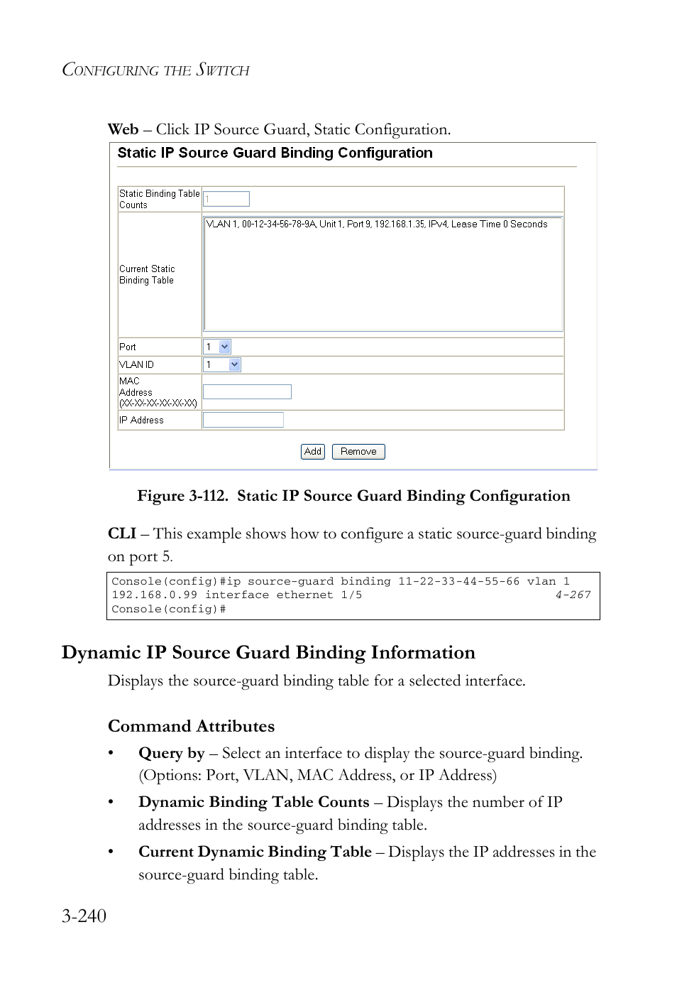 Dynamic ip source guard binding information, Dynamic ip source guard binding information -240 | SMC Networks SMC Tiger 10/100 SMC6128L2 User Manual | Page 294 / 606