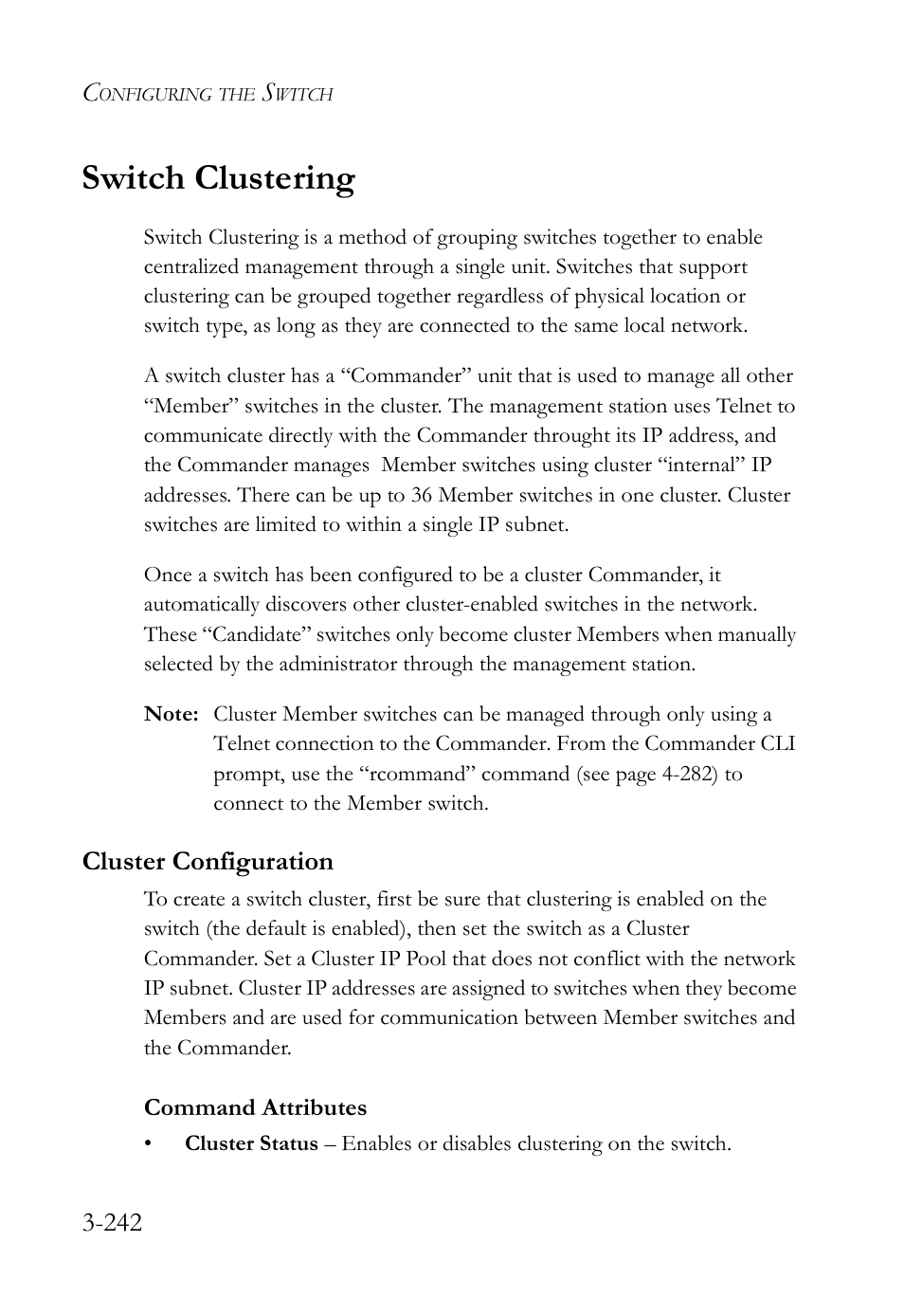 Switch clustering, Cluster configuration, Switch clustering -242 | Cluster configuration -242 | SMC Networks SMC Tiger 10/100 SMC6128L2 User Manual | Page 296 / 606