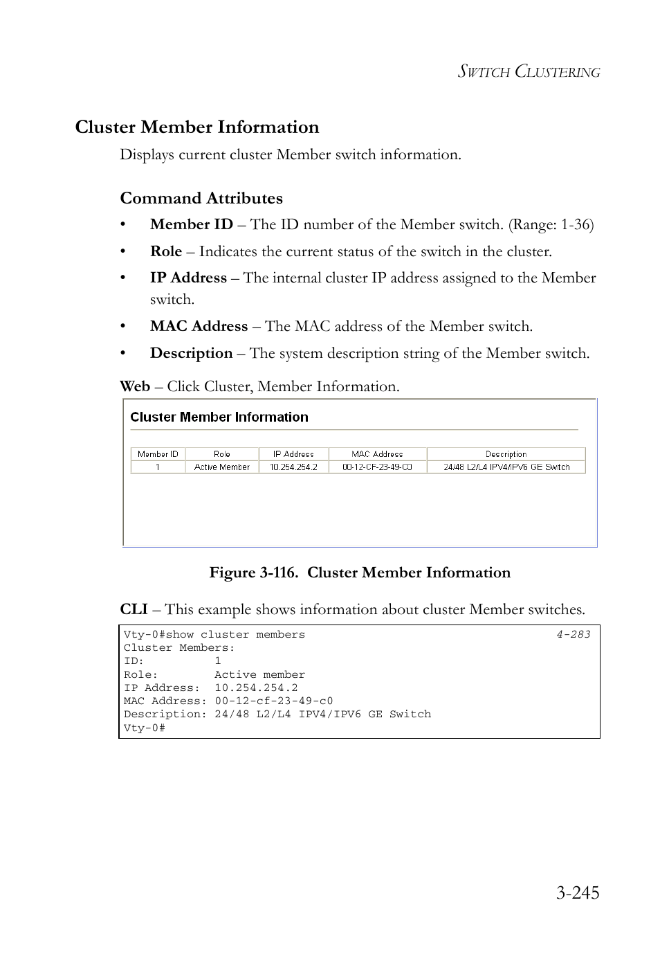 Cluster member information, Cluster member information -245, Figure 3-116. cluster member information -245 | 245 cluster member information | SMC Networks SMC Tiger 10/100 SMC6128L2 User Manual | Page 299 / 606