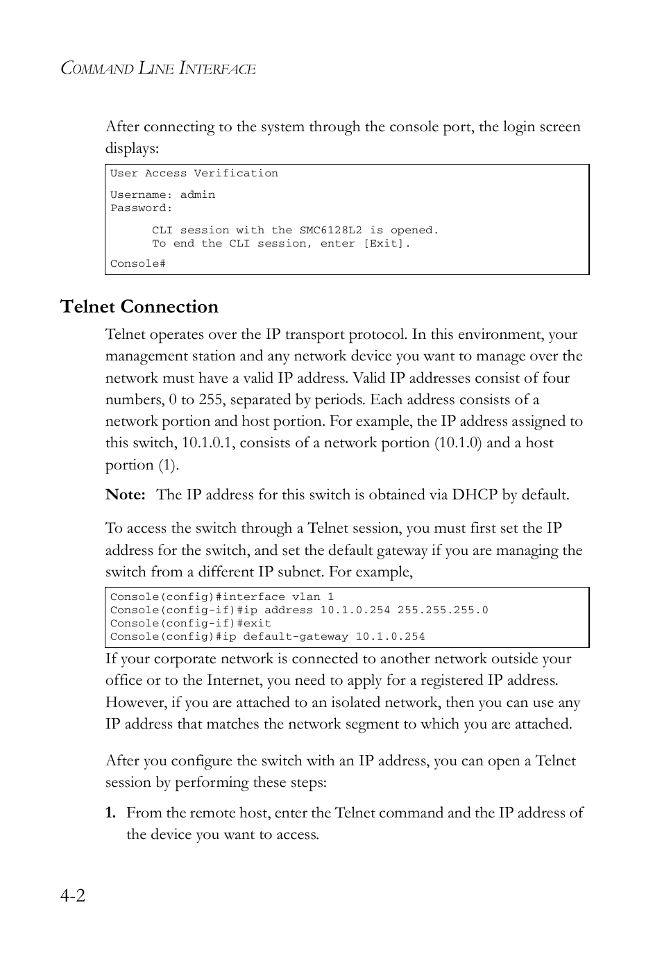 Telnet connection, Telnet connection -2 | SMC Networks SMC Tiger 10/100 SMC6128L2 User Manual | Page 302 / 606