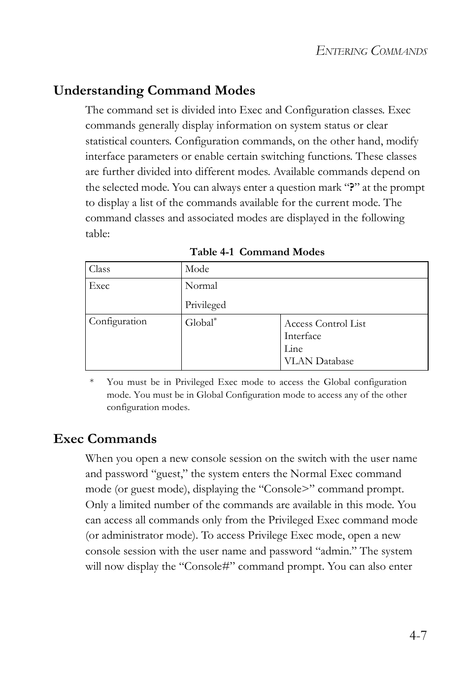 Understanding command modes, Exec commands, Understanding command modes -7 exec commands -7 | Table 4-1 command modes -7, 7 understanding command modes | SMC Networks SMC Tiger 10/100 SMC6128L2 User Manual | Page 307 / 606