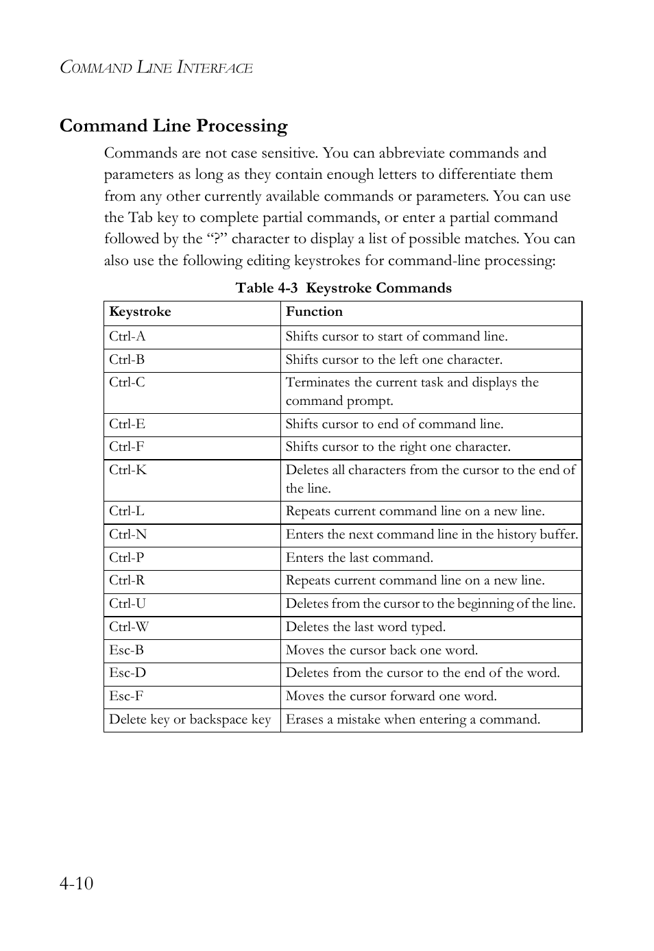Command line processing, Command line processing -10, Table 4-3 keystroke commands -10 | 10 command line processing | SMC Networks SMC Tiger 10/100 SMC6128L2 User Manual | Page 310 / 606