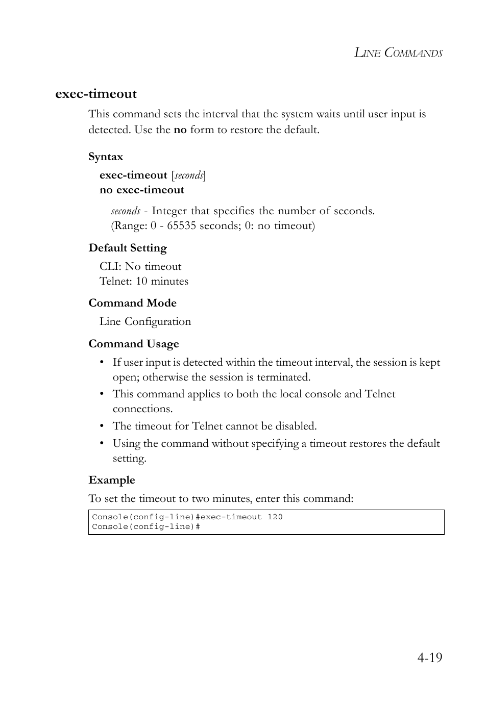 Exec-timeout, Exec-timeout -19, 19 exec-timeout | SMC Networks SMC Tiger 10/100 SMC6128L2 User Manual | Page 319 / 606