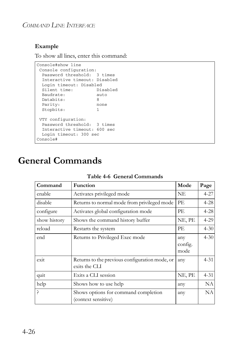 General commands, General commands -26, Table 4-6 general commands -26 | SMC Networks SMC Tiger 10/100 SMC6128L2 User Manual | Page 326 / 606