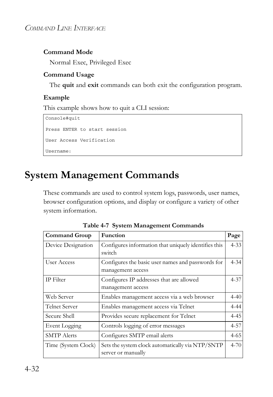 System management commands, System management commands -32, Table 4-7 system management commands -32 | SMC Networks SMC Tiger 10/100 SMC6128L2 User Manual | Page 332 / 606