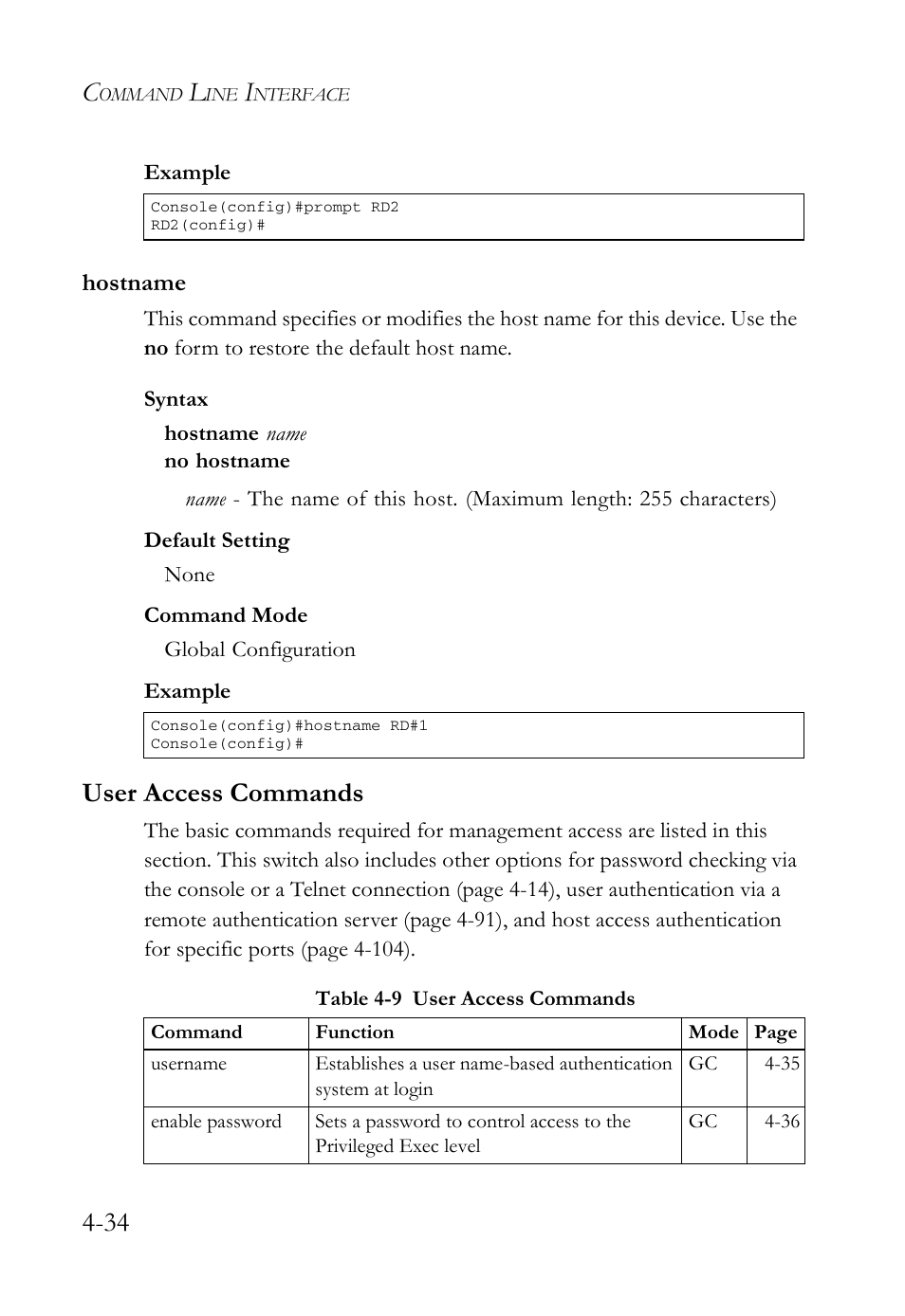 Hostname, User access commands, Hostname -34 | User access commands -34, Table 4-9 user access commands -34 | SMC Networks SMC Tiger 10/100 SMC6128L2 User Manual | Page 334 / 606