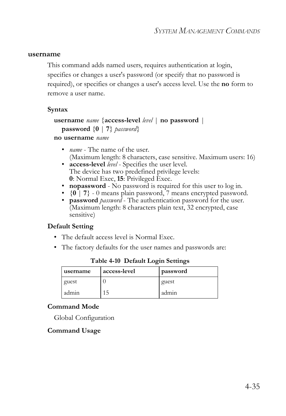 Username, Username -35, Table 4-10 default login settings -35 | SMC Networks SMC Tiger 10/100 SMC6128L2 User Manual | Page 335 / 606