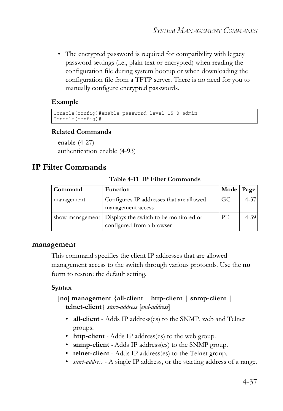 Ip filter commands, Management, Ip filter commands -37 | Management -37, Table 4-11 ip filter commands -37 | SMC Networks SMC Tiger 10/100 SMC6128L2 User Manual | Page 337 / 606