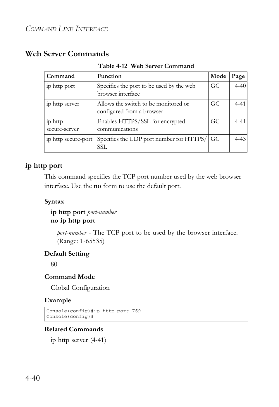 Web server commands, Ip http port, Web server commands -40 | Ip http port -40, Table 4-12 web server command -40, 40 web server commands | SMC Networks SMC Tiger 10/100 SMC6128L2 User Manual | Page 340 / 606