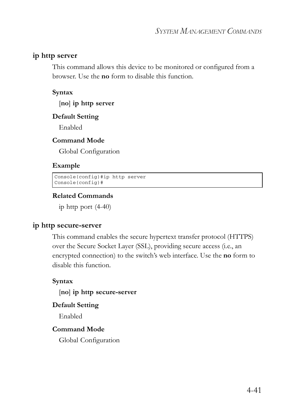 Ip http server, Ip http secure-server, Ip http server -41 ip http secure-server -41 | Ip http server (4-41) | SMC Networks SMC Tiger 10/100 SMC6128L2 User Manual | Page 341 / 606