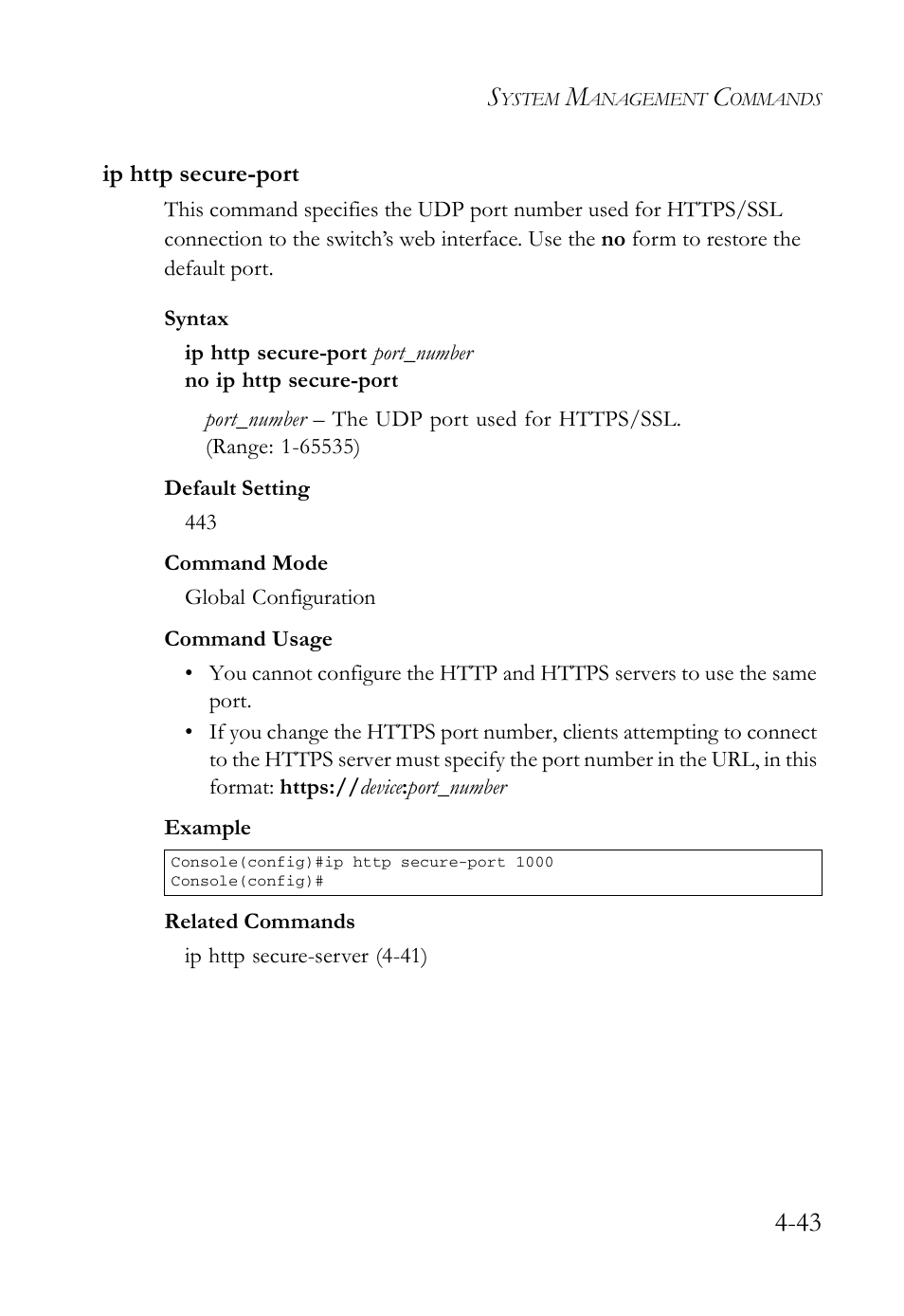 Ip http secure-port, Ip http secure-port -43, Ip http secure-port (4-43) | SMC Networks SMC Tiger 10/100 SMC6128L2 User Manual | Page 343 / 606