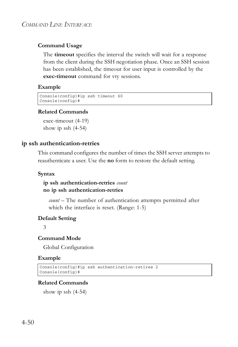 Ip ssh authentication-retries, Ip ssh authentication-retries -50 | SMC Networks SMC Tiger 10/100 SMC6128L2 User Manual | Page 350 / 606