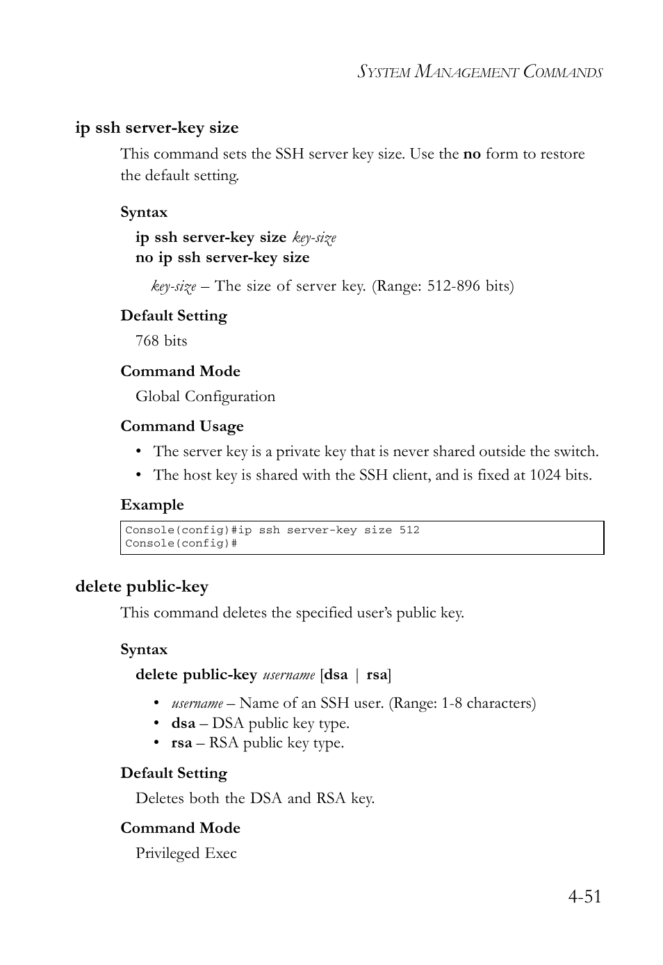 Ip ssh server-key size, Delete public-key, Ip ssh server-key size -51 delete public-key -51 | SMC Networks SMC Tiger 10/100 SMC6128L2 User Manual | Page 351 / 606