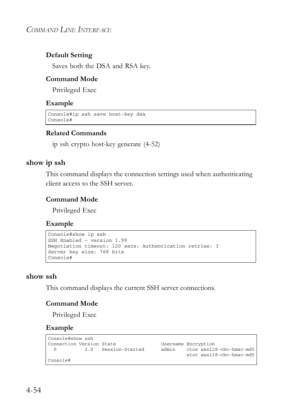 Show ip ssh, Show ssh, Show ip ssh -54 show ssh -54 | SMC Networks SMC Tiger 10/100 SMC6128L2 User Manual | Page 354 / 606
