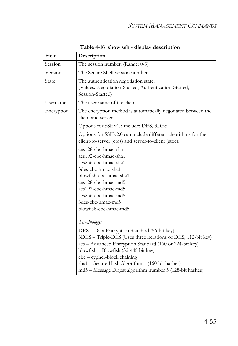 Table 4-16 show ssh - display description -55 | SMC Networks SMC Tiger 10/100 SMC6128L2 User Manual | Page 355 / 606