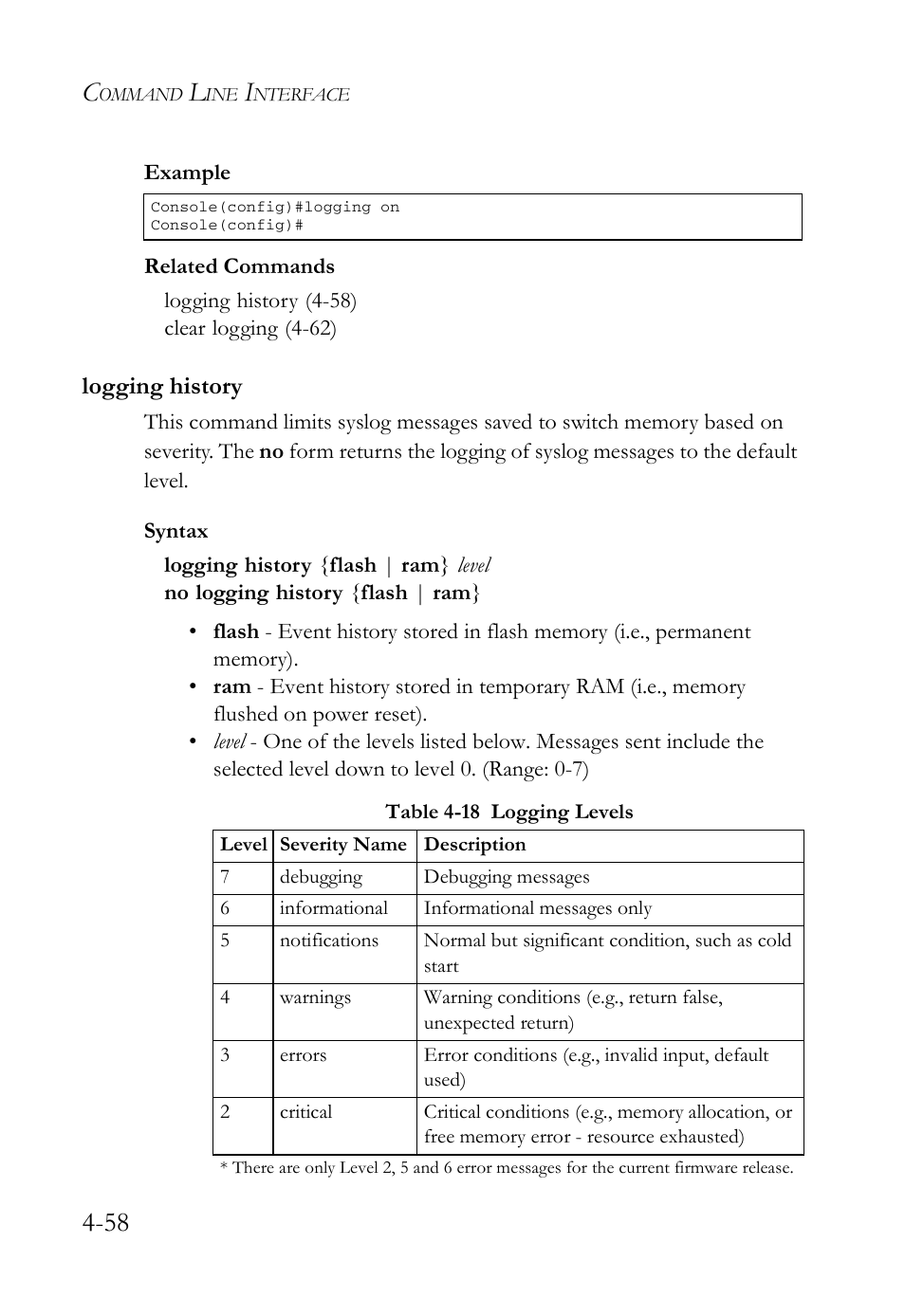 Logging history, Logging history -58, Table 4-18 logging levels -58 | SMC Networks SMC Tiger 10/100 SMC6128L2 User Manual | Page 358 / 606